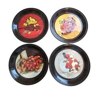 Vintage Mid Century Modern Tin Floral Coasters Flower Bouquet Cottage Farm Retro